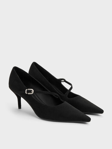 Faux Suede Asymmetric-Strap Pumps, Black Textured, hi-res