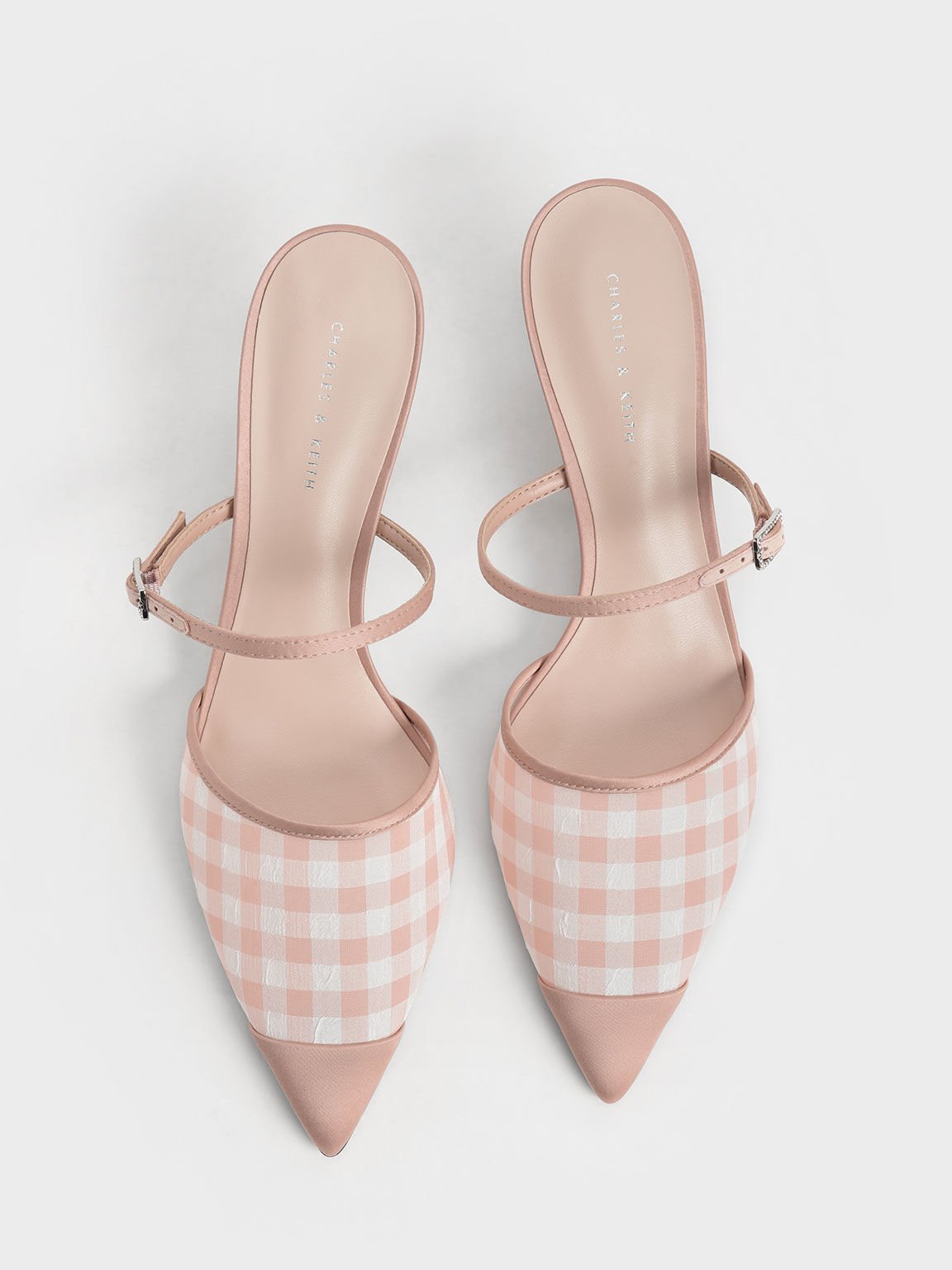 Sepatu Mules Satin & Check-Print Embellished-Buckle, Blush, hi-res