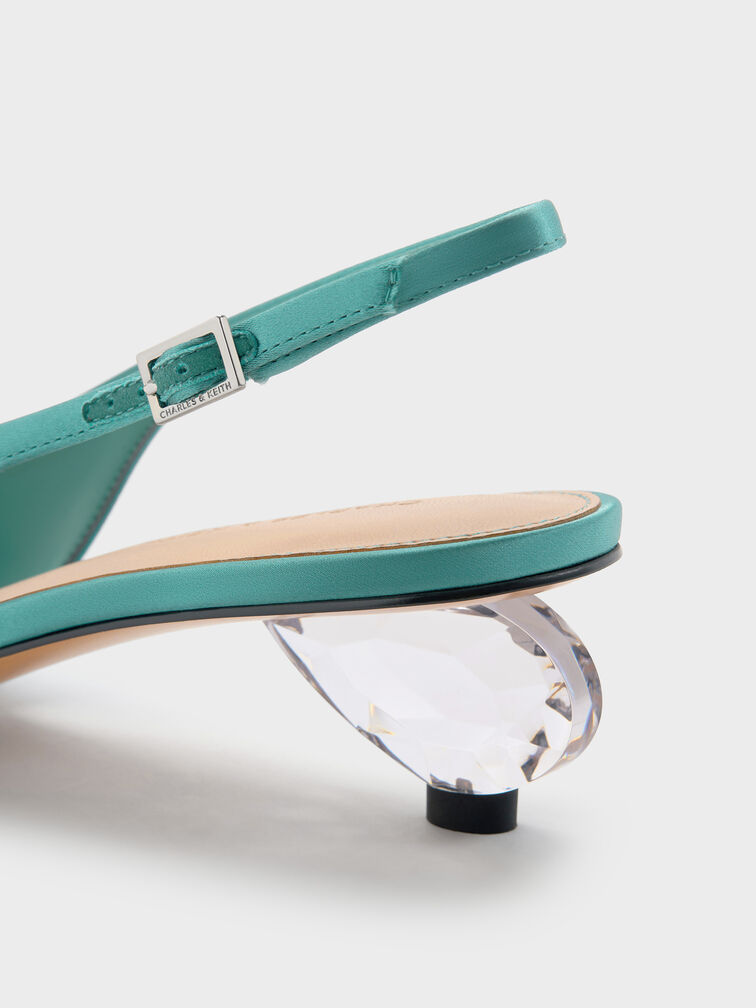 Pointed Crystal-Heel Slingback Pumps, Teal, hi-res