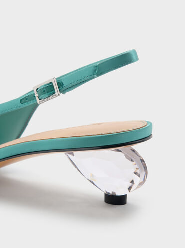 Pointed Crystal-Heel Slingback Pumps, Teal, hi-res
