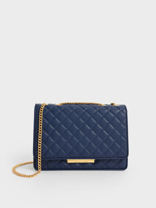 Tas Double Chain Handle Quilted, Navy, hi-res