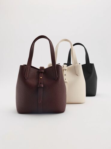 Tas Bucket Belted Double-Handle Recycled Leather Beryl, Black, hi-res