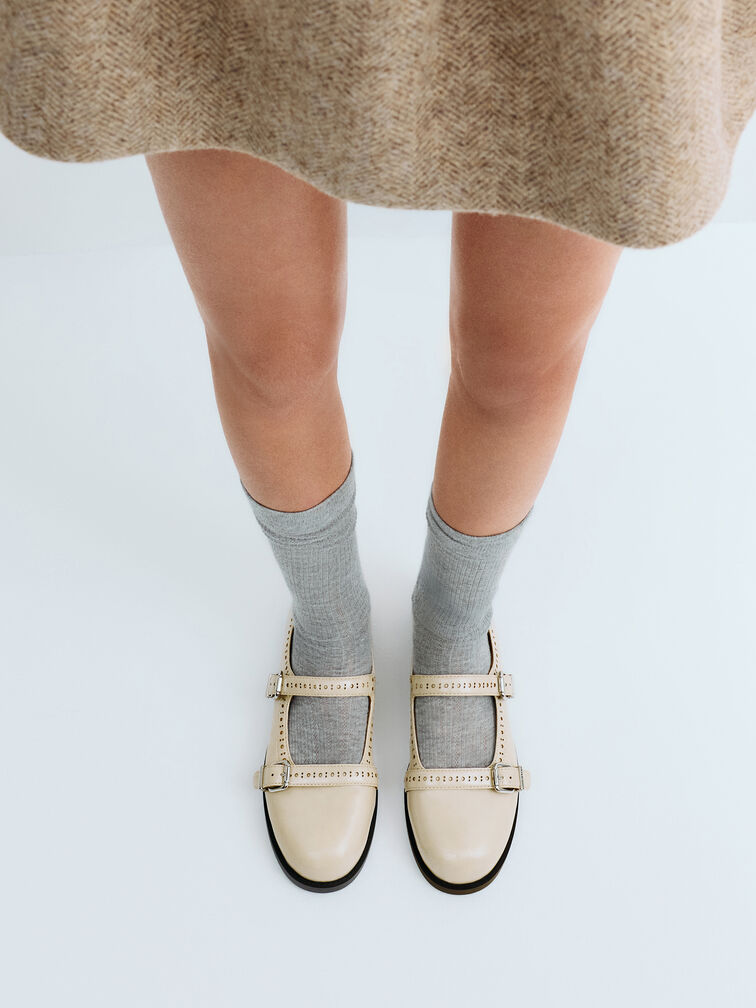 Double-Strap Brogue Mary Janes, Beige, hi-res