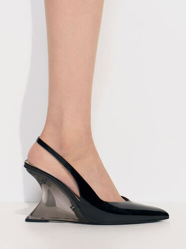 Sepatu Wedges Patent Sculptural Slingback, Black Patent, hi-res