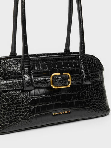 Tas Bahu Belted Croc-Effect Victoria, Black Croco, hi-res