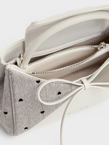 Tas Top Handle Panelled Bow Heart-Print Hazel, Taupe, hi-res