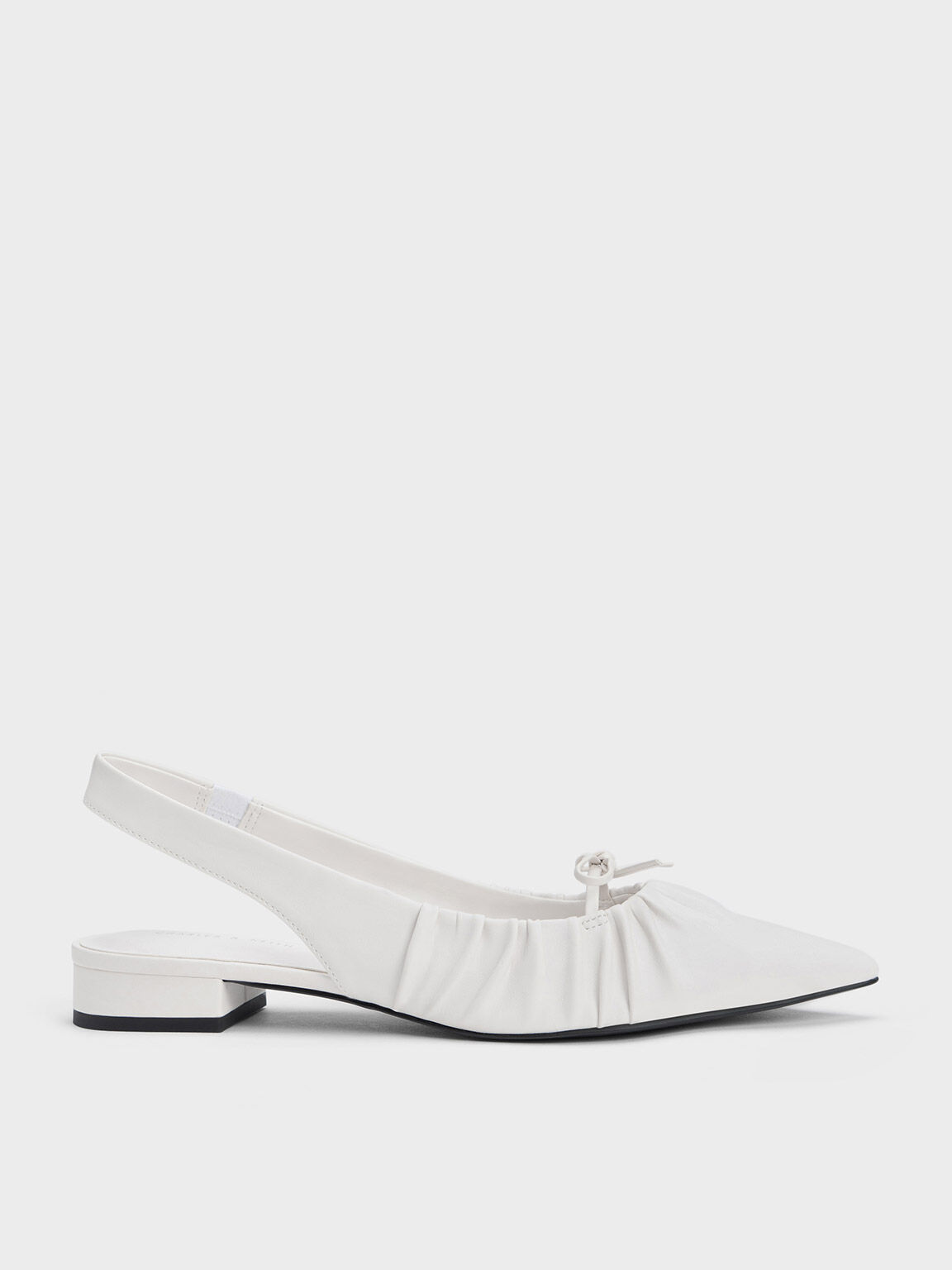 Bow Ruched Slingback Flats, White, hi-res