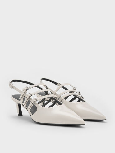 Sepatu Slingback Pumps Pointed-Toe Kitten-Heel Triple-Strap, Chalk, hi-res