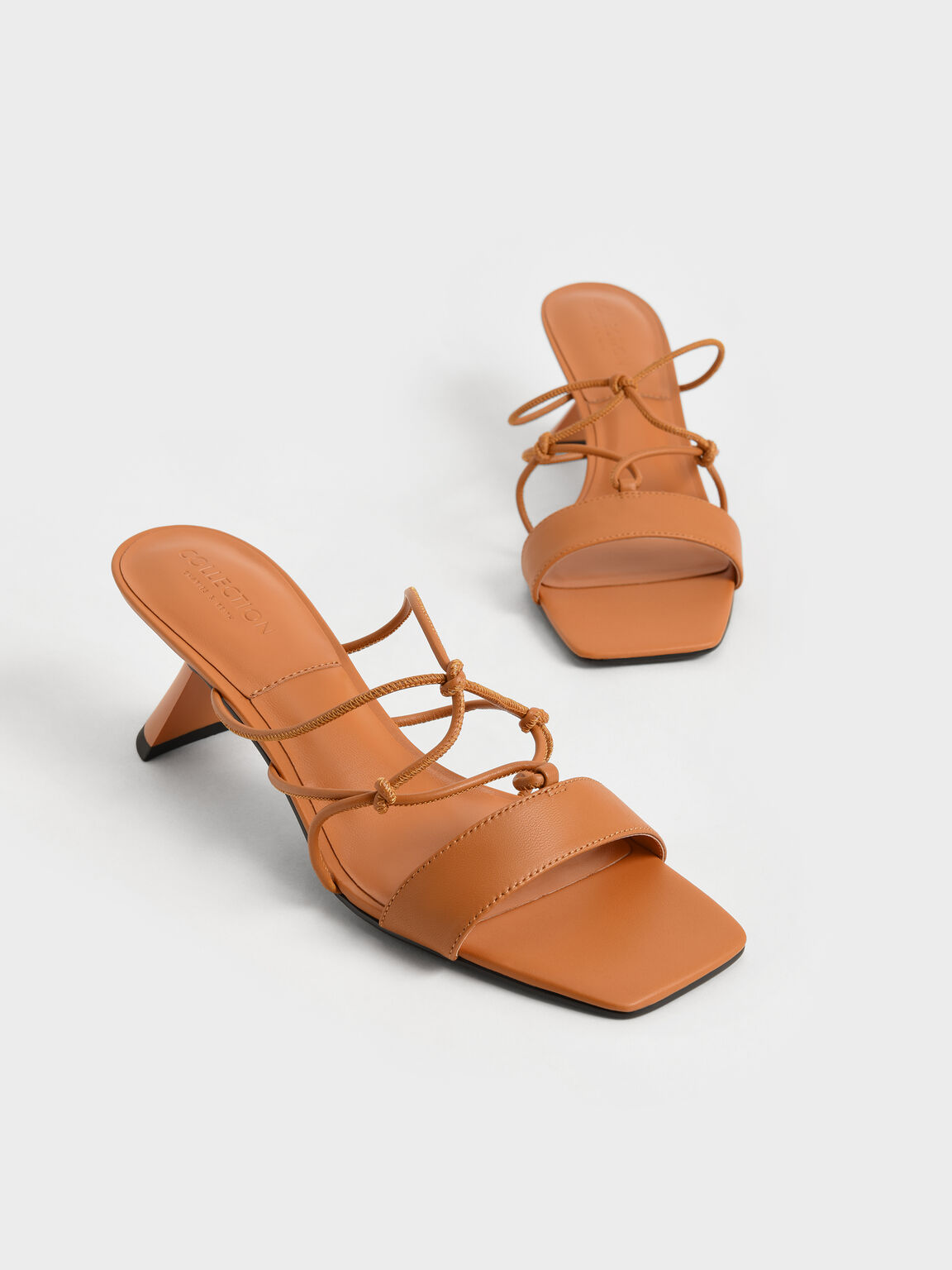 Strappy Leather Sculptural Heel Sandals, Orange, hi-res