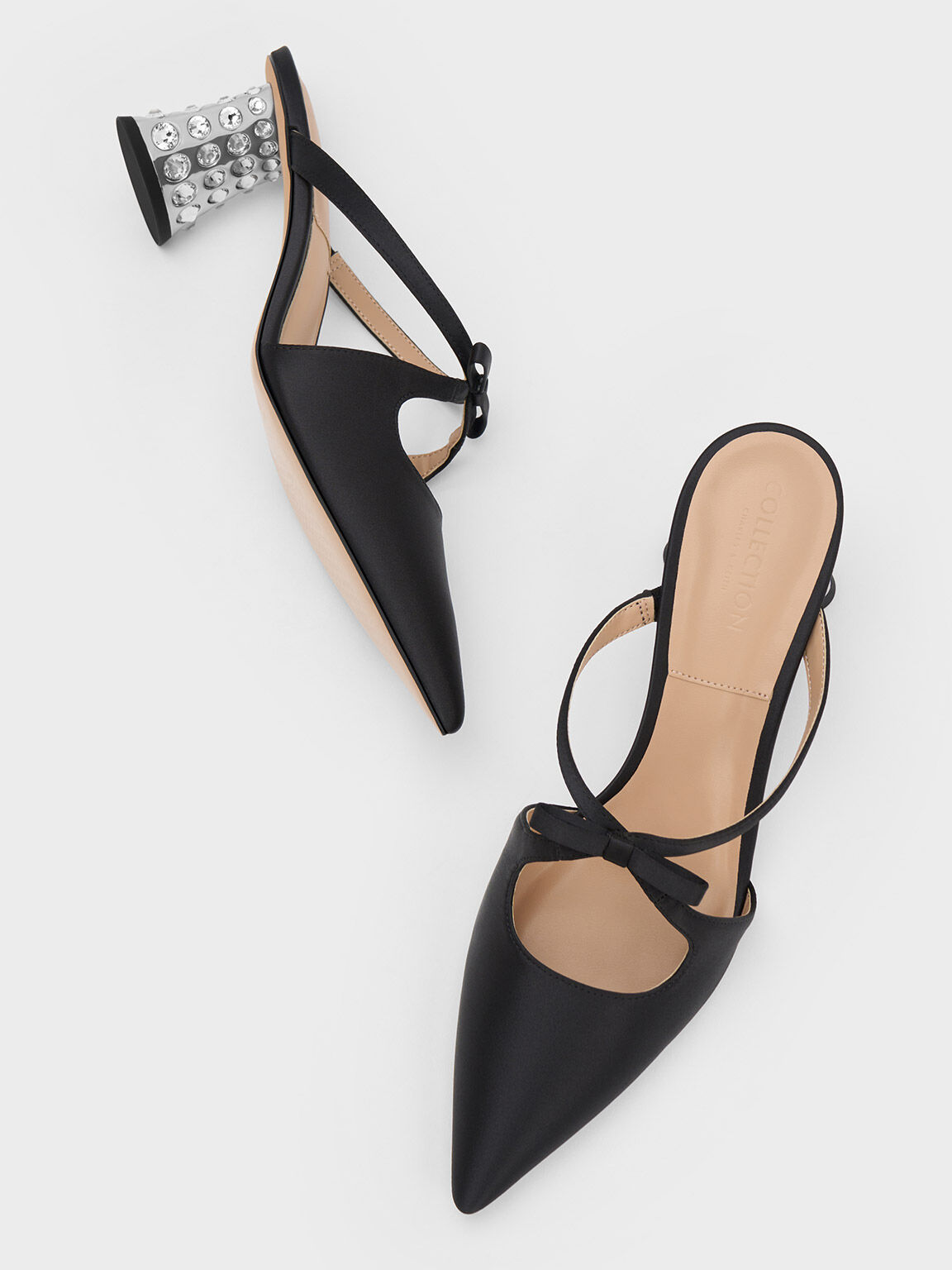 Sepatu Mules Crossover Gem-Embellished Bow, Black, hi-res