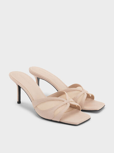 Sepatu Mules Heeled Mesh & Faux Suede, Beige, hi-res