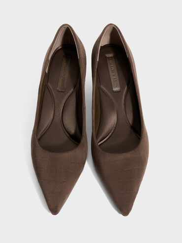 Sepatu Pumps Pointed Emmy Faux Suede, Dark Brown Textured, hi-res