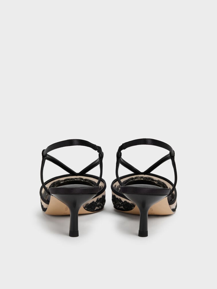 Sepatu Kitten Heels Slingback Embroidered-Satin, Black Textured, hi-res