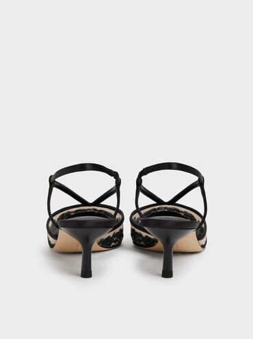 Sepatu Kitten Heels Slingback Embroidered-Satin, Black Textured, hi-res