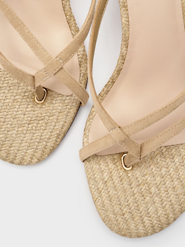 Sandal Heel Strappy Toe-Ring Crossover Faux Suede, Sand, hi-res