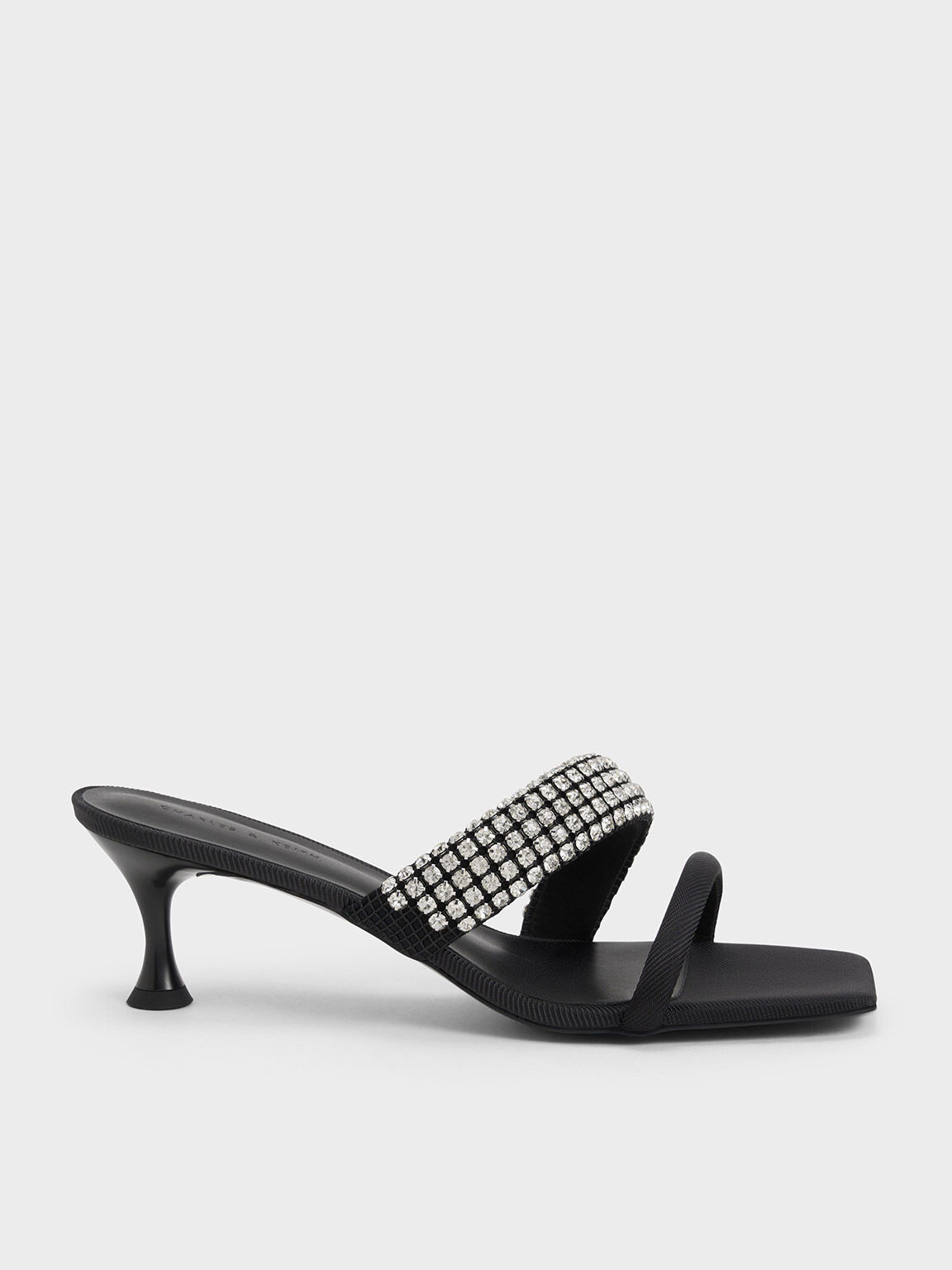 Sepatu Mules Strappy Gem Embellished, Black, hi-res