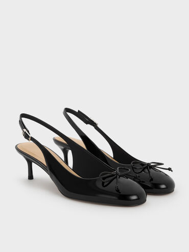 Sepatu Slingback Kitten Heels Patent Leather Bow Aretha, Black Patent, hi-res