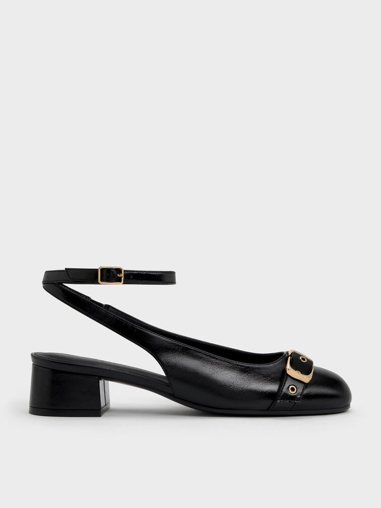 Sepatu Pumps Ankle-Strap Grommet-Belt, Black, hi-res