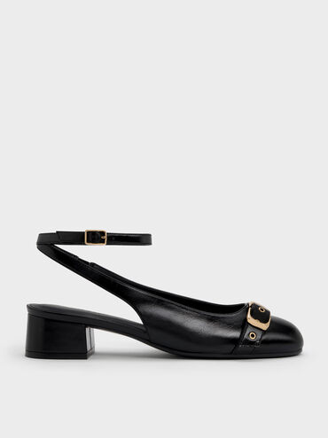 Sepatu Pumps Ankle-Strap Grommet-Belt, Black, hi-res