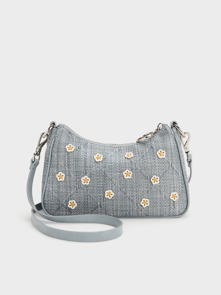 Tas Selempang Flower Philomena Raffia, Misty Blue, hi-res