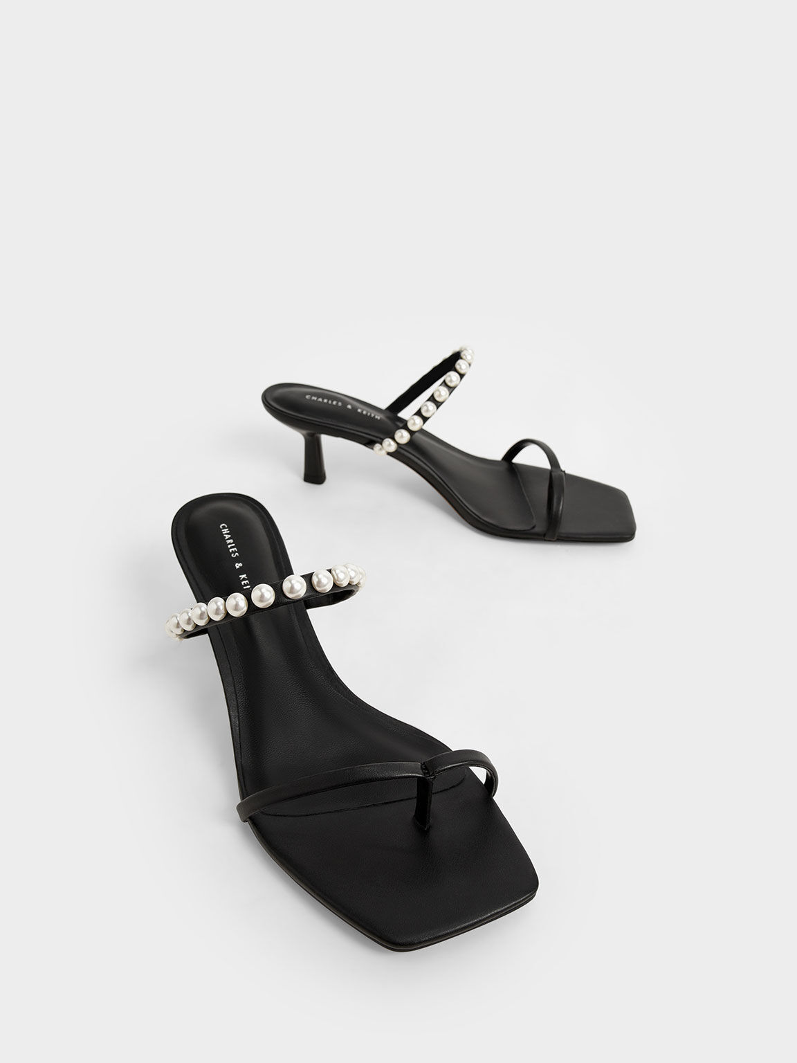 Sandal Thong Heeled Pearl-Embellished, Black, hi-res