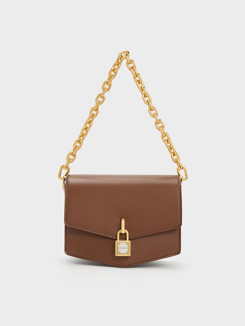 Lock-Motif Geometric Crossbody Bag, Chocolate, hi-res