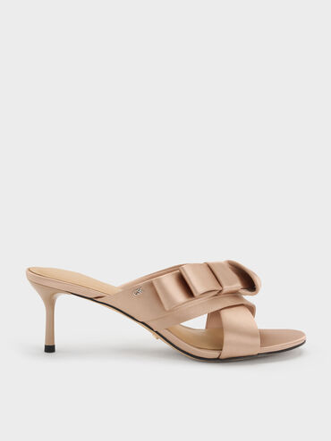 Sepatu Mules Heeled Pleated-Bow, Nude, hi-res