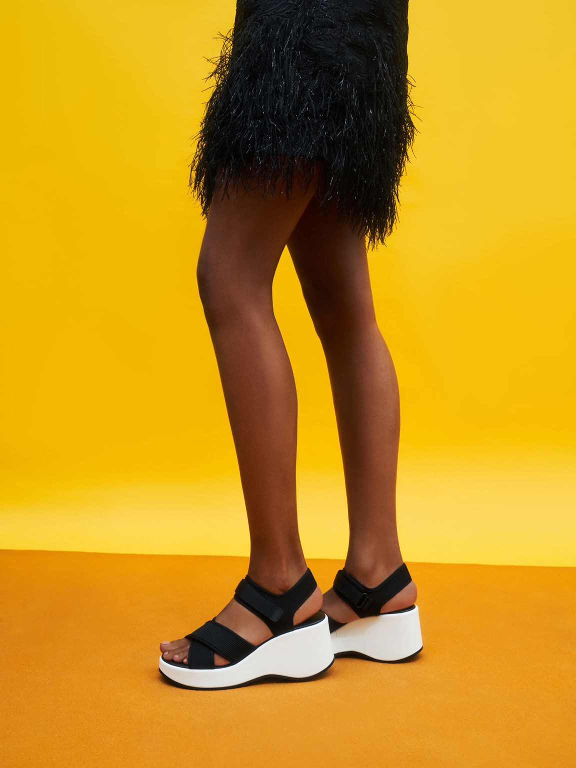 Sepatu Wedges Platform Mesh & Grosgrain, Black, hi-res