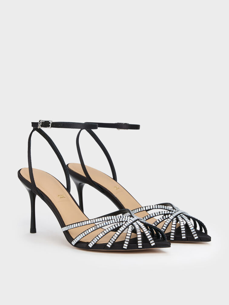Sandal Stiletto Peep-toe Gem Jaylene, Black Textured, hi-res