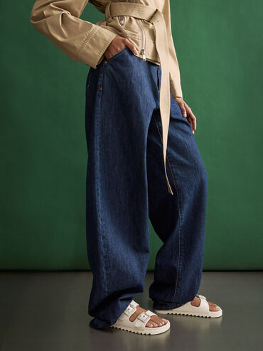 Gem-Buckle Double-Strap Sandals, Chalk, hi-res