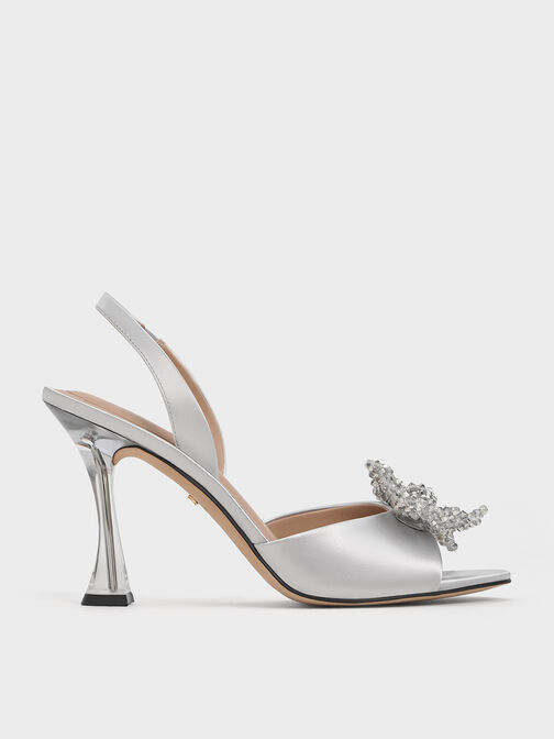Sepatu Slingback Pumps Beaded Bow Recycled Polyester, Silver, hi-res