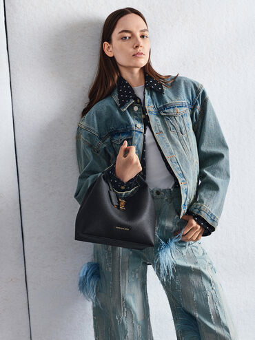 Tas Bucket Turn-Lock Chance Recycled Leather, Black, hi-res