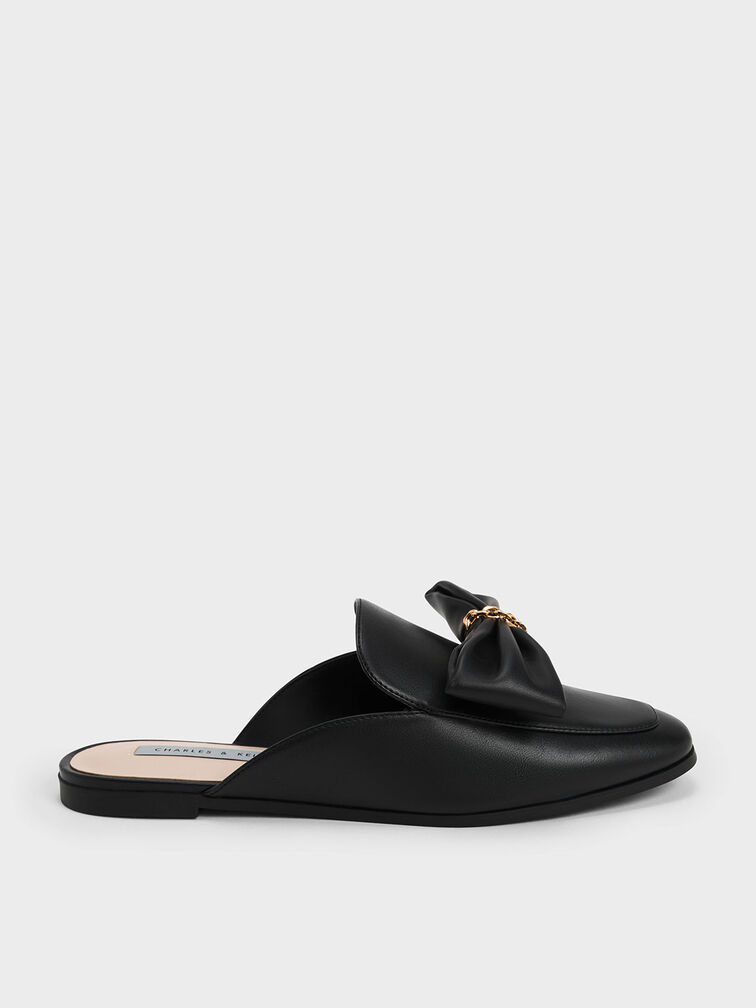 Sepatu Loafer Mules Bow Chain-Link, Black, hi-res