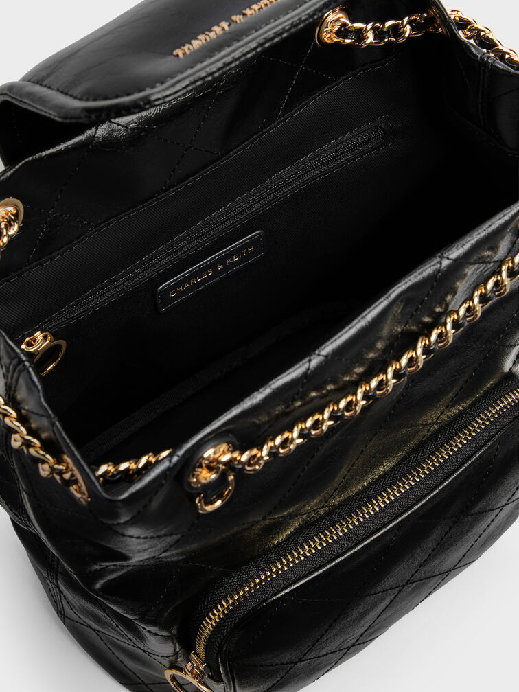 Tas Bucket Flont-Flap Quilted Apfra, Black, hi-res