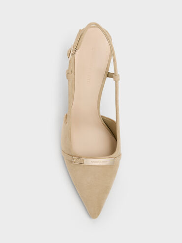Faux Suede Metallic-Bar Pointed Slingback Pumps, Beige, hi-res