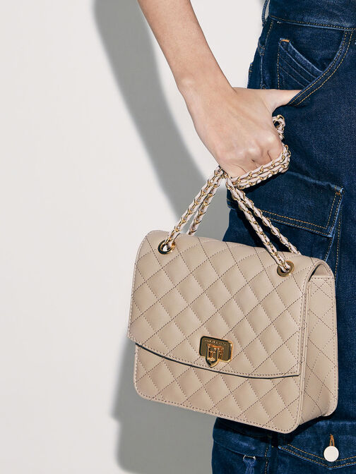 Tas Chain Strap Cressida Quilted, Taupe, hi-res
