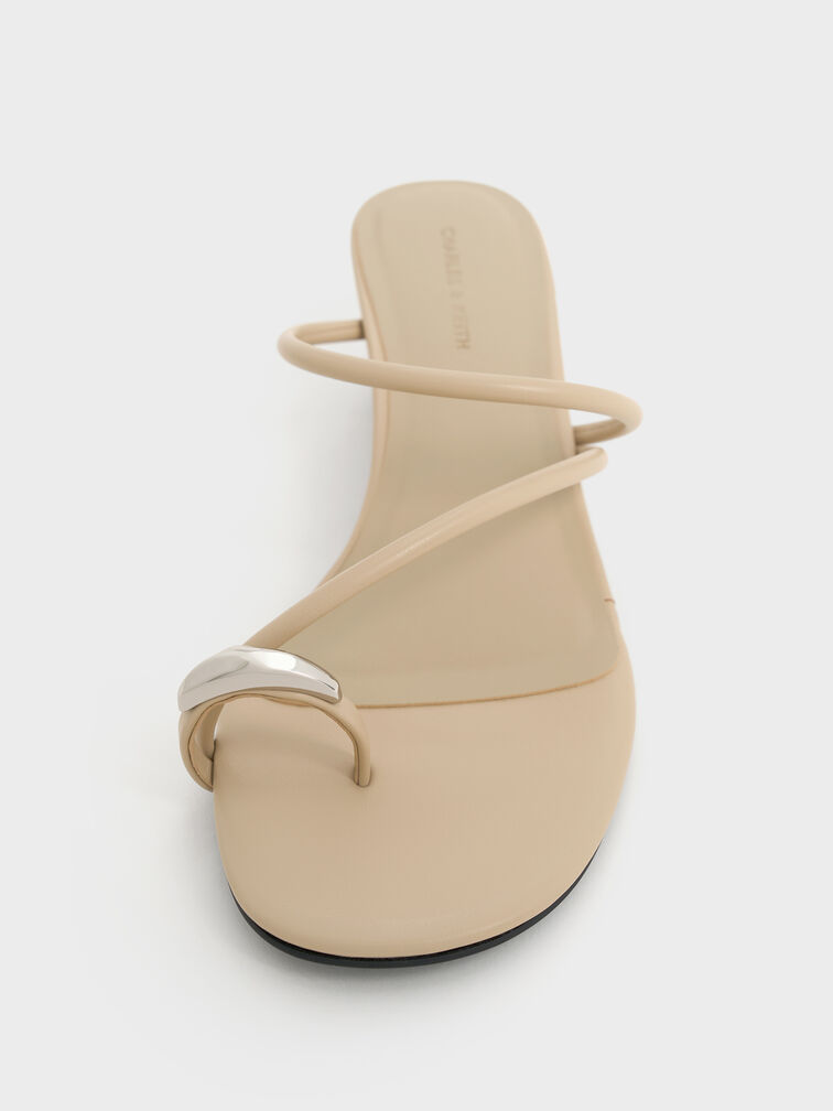 Sandal Heeled Strappy Toe-Ring Metallic-Accent, Taupe, hi-res