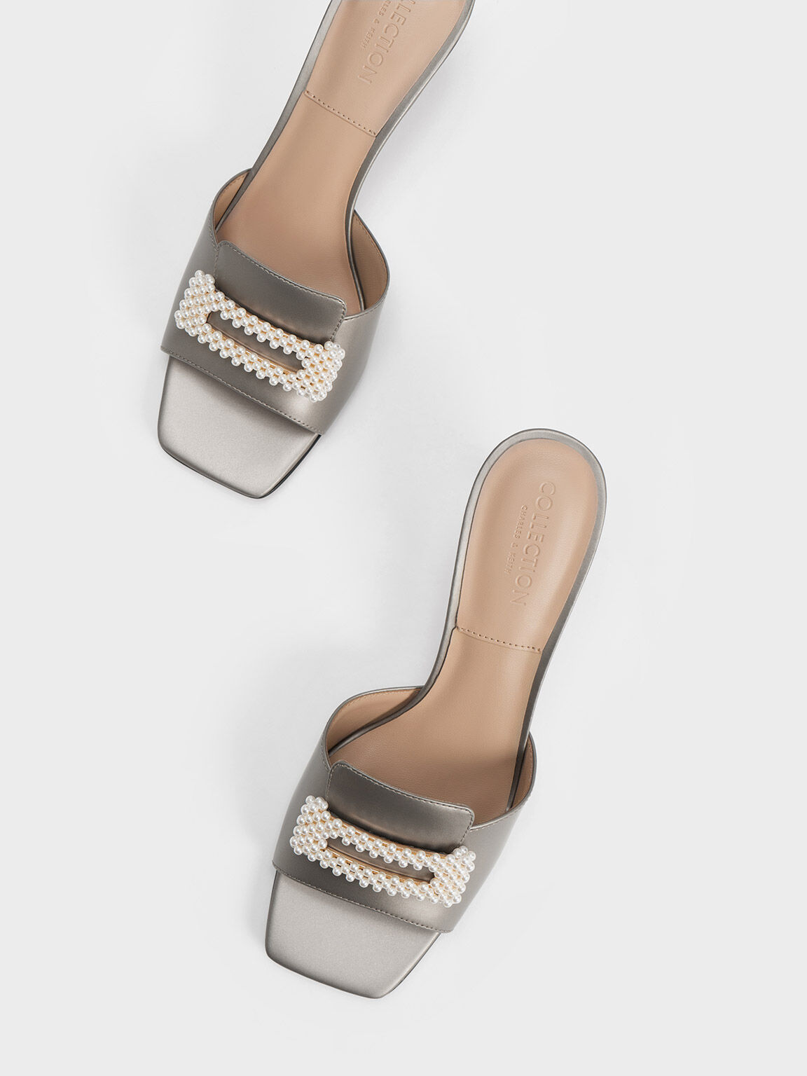 Beaded Leather Square-Toe Mules, Pewter, hi-res
