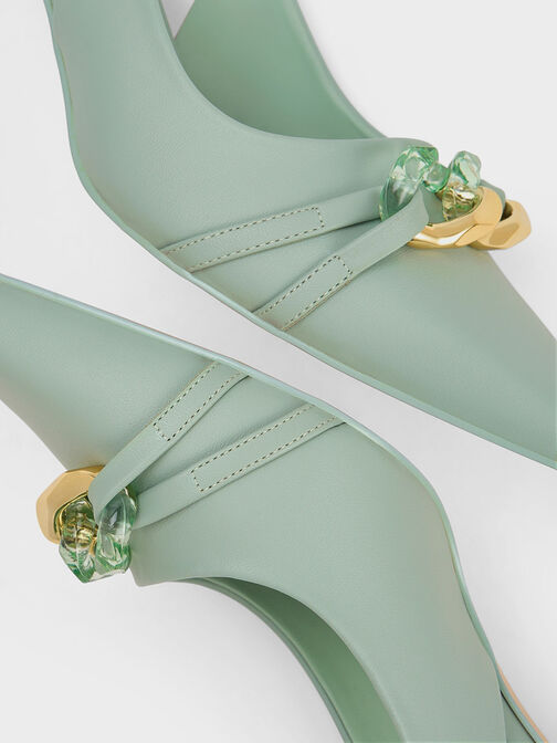 Sepatu Slingback Pumps Chain-Link Accent, Mint Green, hi-res