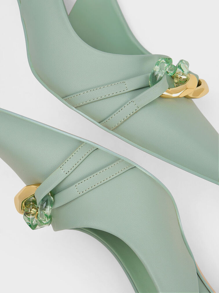 Sepatu Slingback Pumps Chain-Link Accent, Mint Green, hi-res