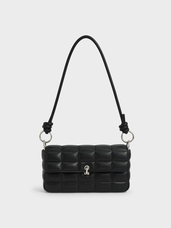 Tas Bahu Chunky Chain Handle Quilted, Black, hi-res
