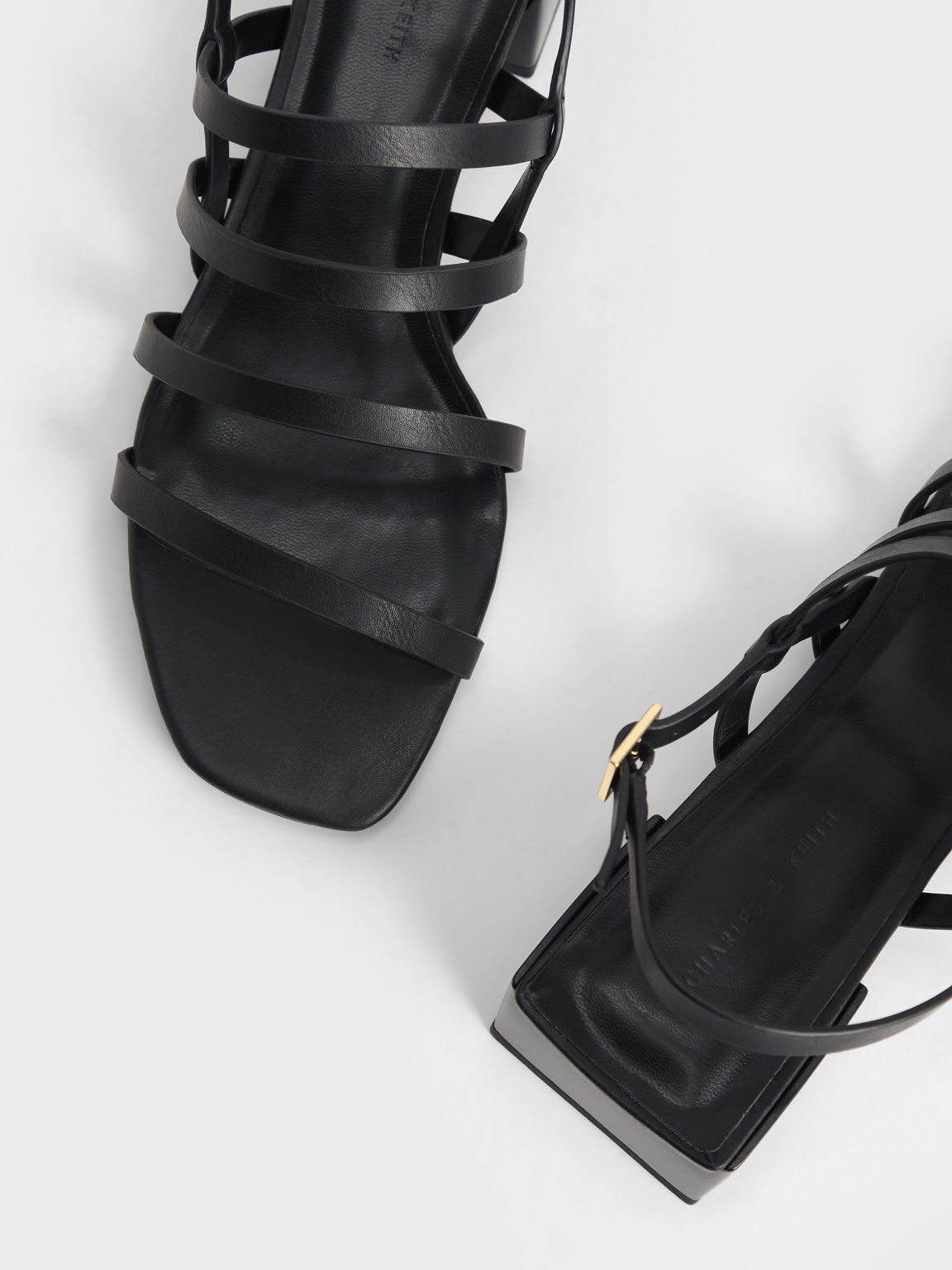 Strappy Geometric Slingback Sandals, Black, hi-res