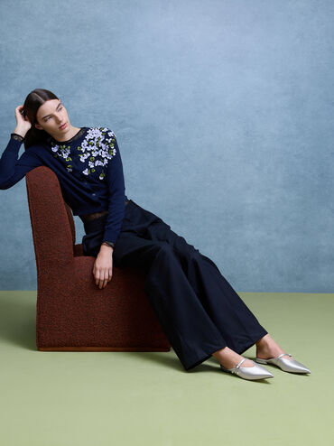 Satin Teardrop-Crystal Flat Mules, Silver, hi-res