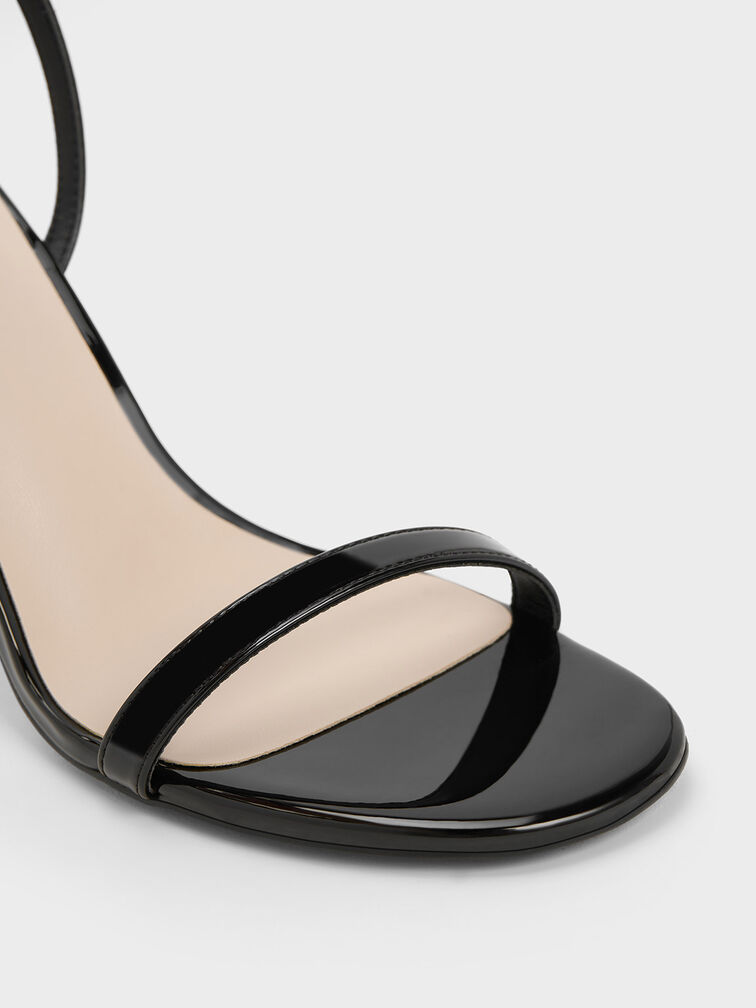 Cylindrical Metallic Heel Patent Sandals, Black Patent, hi-res