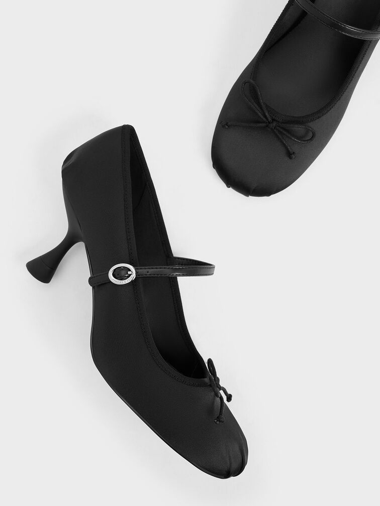 Sepatu Pumps Mary Jane Satin Bow, Black, hi-res