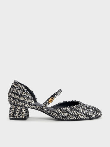 Tweed Mary Jane D'Orsay Pumps, Black Textured, hi-res