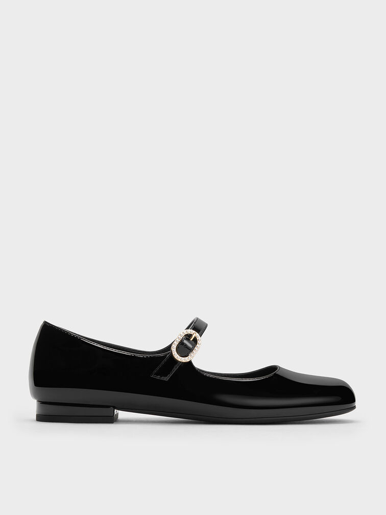 Sepatu Mary Janes Patent Pearl-Buckle, Black Patent, hi-res