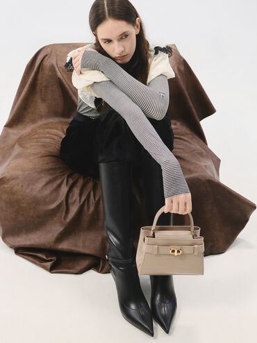 Tas Top Handle Belted Croc-Effect Aubrielle, Taupe, hi-res