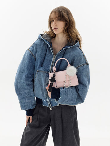 Pearl Beaded-Strap Furry Ball Charm, Cream, hi-res