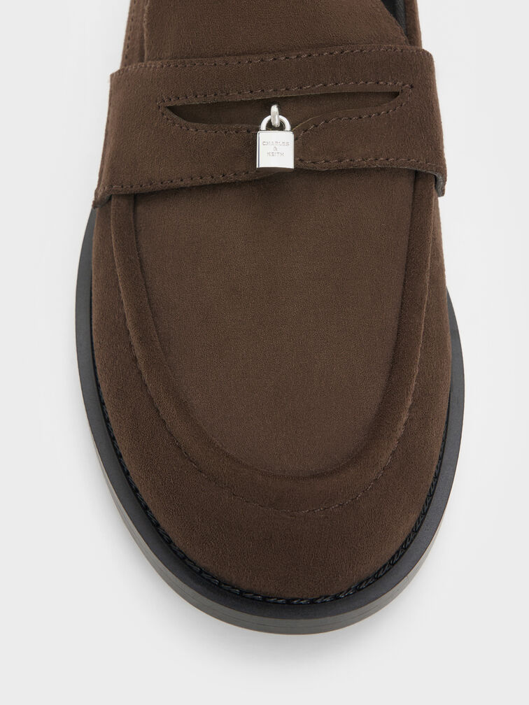 Sepatu Loafers Griselda Faux Suede, Dark Brown Textured, hi-res